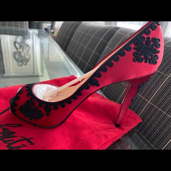 Christian Louboutin Red/Black Satin Heels - Picture 8 of 13